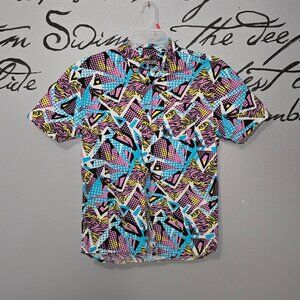 80s Geometric Button Up Multicolor Men's Retro Short Sleeve from Massive, M